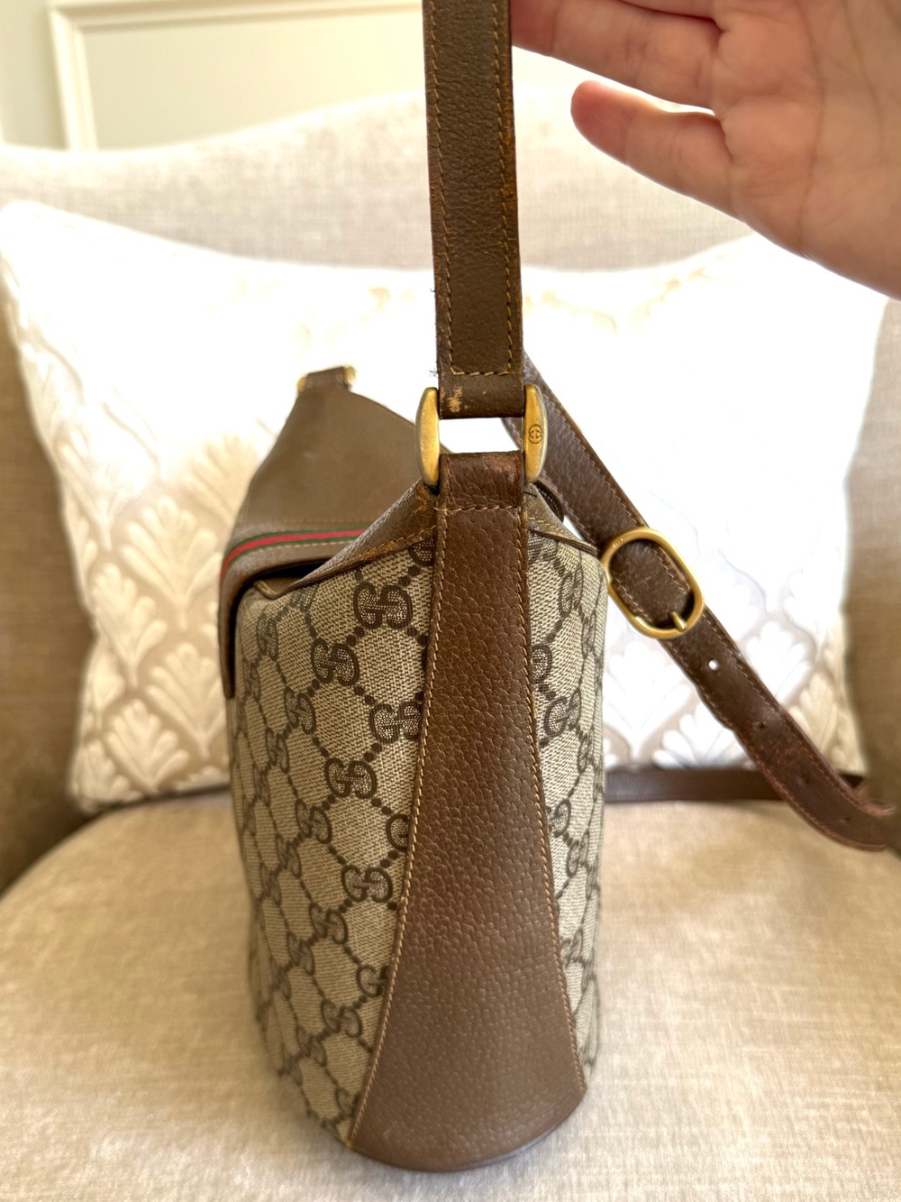 Gucci authentic brown monogram coated canvas shoulder bag bucket brown leather - Picture 7 of 16